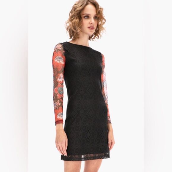 Desigual Pichi lined black lace body, mesh floral print long sleeve fitted midi - Picture 1 of 9